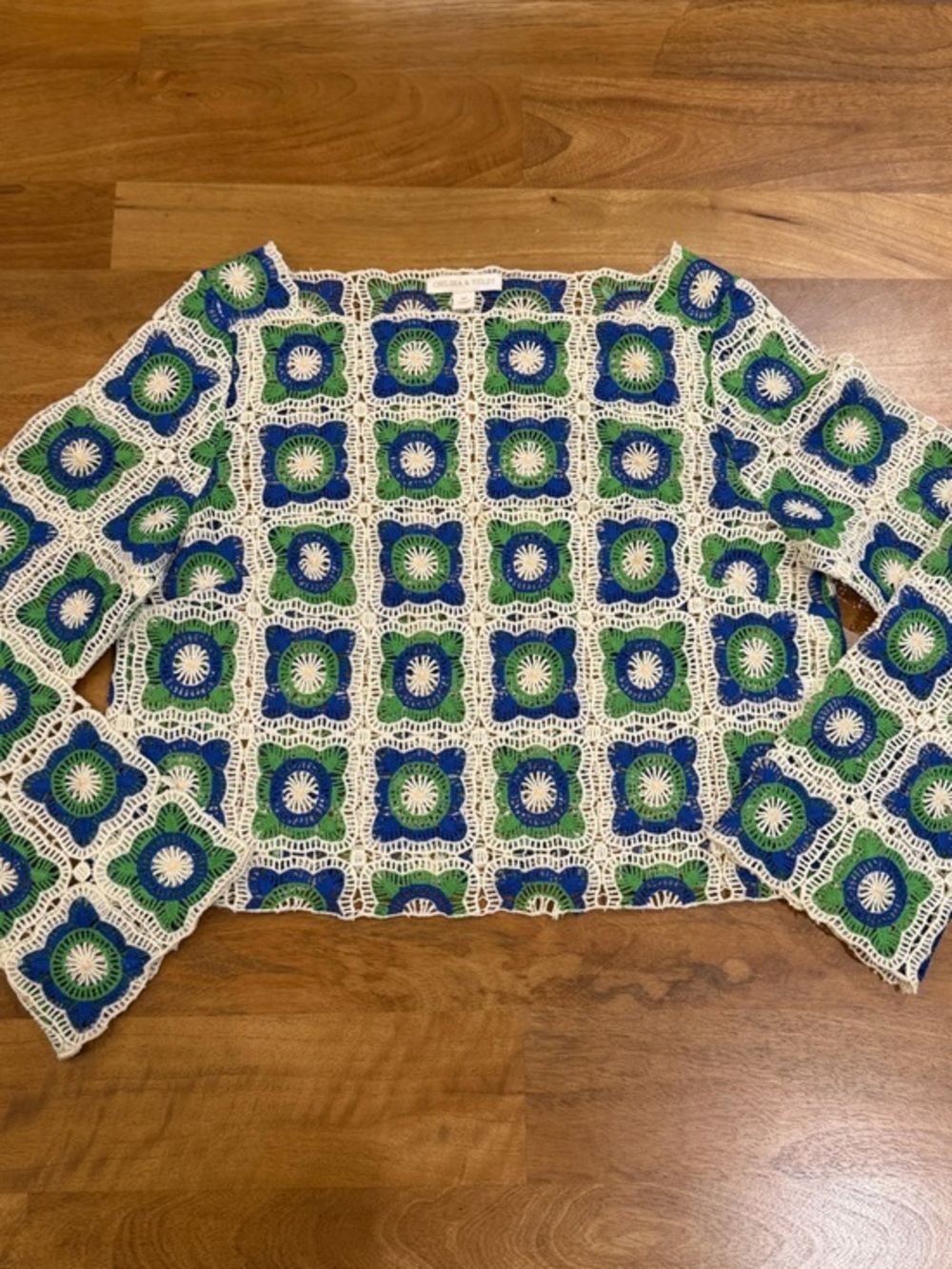 Crochet Square Open-Knit Long Sleeve Top in Cream, Blue & Green Size Medium